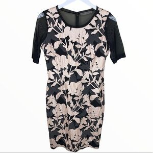 D.EXTERIOR Floral Print Cocktail Dress Black/Blush With Mesh Sleeves Pink Medium